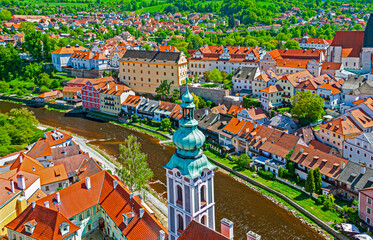 Fototapeta na wymiar Chesky Krymlov, Czechia - May 4, 2018: View of historic Centre of medieval town Český Krumlov in South Bohemia region of Czech republic , famous for its outstanding architecture. 