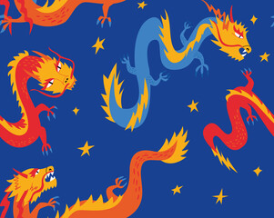 Night sky and asian dragons. Vector seamless pattern in japanese, chinese style. Festive blue background for textile, fashion, scrapbooking etc.