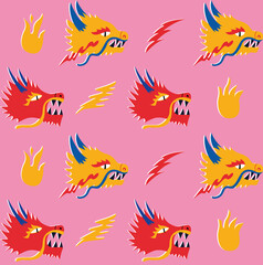 Asian dragons and fire. Seamless pattern in japanese, chinese style. Pink vector background with dragon's heads
