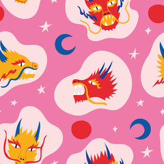 Fototapeta na wymiar Seamless pattern with asian dragons, stars and moons. Vector pink background. Japanese, chinese style