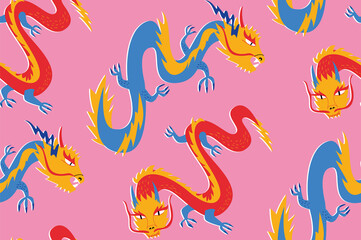 Pink seamless pattern with asian dragons. Japanese, chinese style. Vector background for textile, fashion, wrapping paper