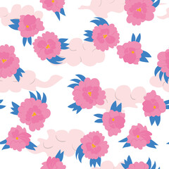 Seamless pattern with flowers and clouds. Pink peony in chinese style. Botanical vector background. 