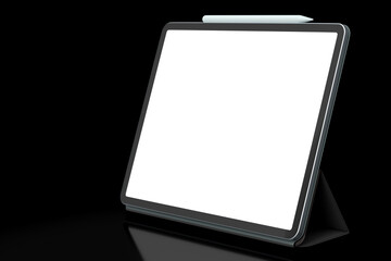 Computer tablet with blue cover case and pencil isolated on black background.