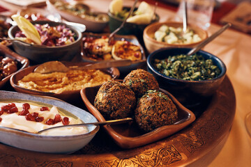 Close-up of traditional Middle Eastern food during Ramadan celebration.