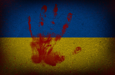 Bloody hand print on Ukraine flag