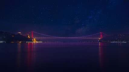 Istanbul night view. Beautiful night panorama of Fatih Sultan Mehmet Bridge and Bosphorus. The Milky Way is over Istanbul.