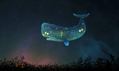 Obraz na płótnie Canvas Sperm whale vector illustration night sky background flower pattern field 향유고래 일러스트