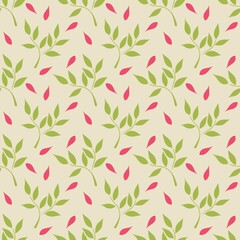 Fototapeta premium Seamless pattern of minimalistic leaves. Light green pink and beige colors. Vector graphics. Template for packaging, postcards and pastry.