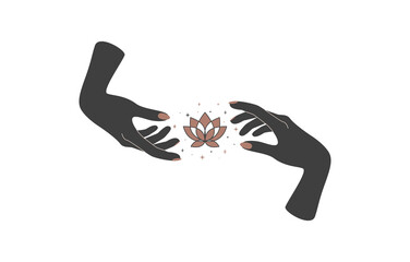 Magic hands with lotus flower in boho style. Black and gold colored alchemy spiritual tribal symbol for create branding name or logo. Esoteric and mystical design element. Vector illustration