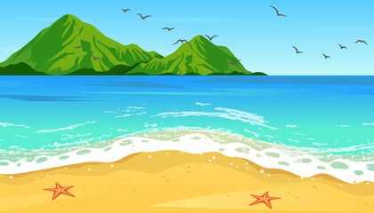 Fototapeta na wymiar Tropical blue sea and a sand beach with mountain on horizon, vector background.