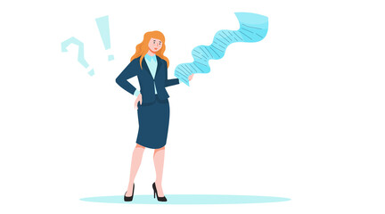 business woman is holding a long list of requirements, check, duties, rules. Financial statements. Vector illustration