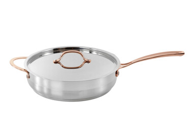 kitchen stainless steel cookware on white background