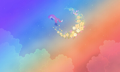Obraz na płótnie Canvas Moon and jumping fox over cloudy rainbow night sky background