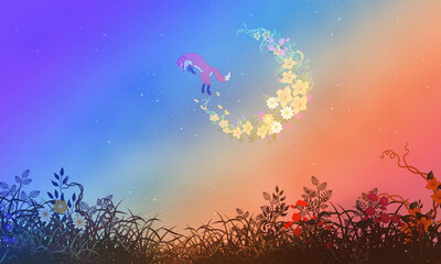 Moon and jumping fox rainbow night sky background