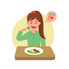 Girl with salad in her plate. Vitamins, natural and fresh food