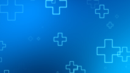 Medical health blue cross neon light shapes pattern background. Abstract healthcare technology and science concept.