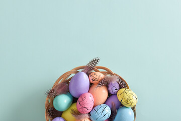 Easter card. Minimalism. Close-up of a nest with painted