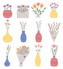 Spring garden flowers, bouquets in vase, pot, ceramic cup and paper. Hand Drawn Floral Element. Botanical floral natural collection of bouquets in trendy modern style for wedding, cards, invitation.