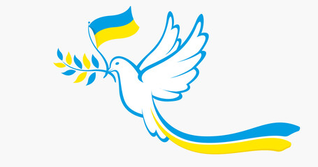Dove of peace in blue color holding in its beak the flag of Ukraine and with the colors of Ukraine on its tail