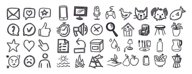 Ilustraciones e iconos sobre negocios y hogar. Dibujos sobre animales, estaciones, redes sociales, ecología y videojuegos.