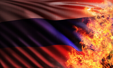 3D illustration of the flag of Russian Federation or russia threatened by the summer global warming ravaged and burnt by the hot flames of arson wildfires.