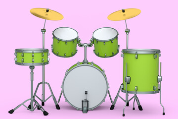 Fototapeta na wymiar Set of realistic drums with metal cymbals or drumset on pink background