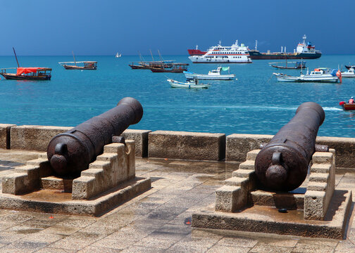 Cannons at the Forodhani Park and the Old Harbor of Stone Town, in Zanzibar island, Tanzania, Africa. 