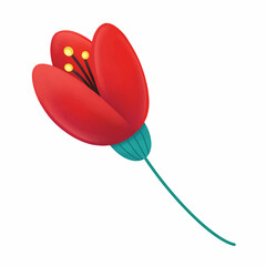 illustration of minimalist style tulip with bright red petals and green stem isolated on white background. Vector illustration 
