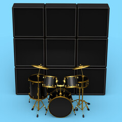 Fototapeta na wymiar Set of realistic drums with metal cymbals or drumset and amplifier on blue
