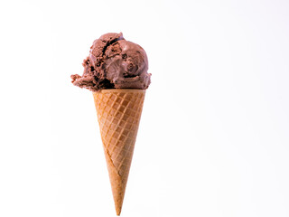 Chocolate Ice Cream Sugar cone on a white background with copy space.