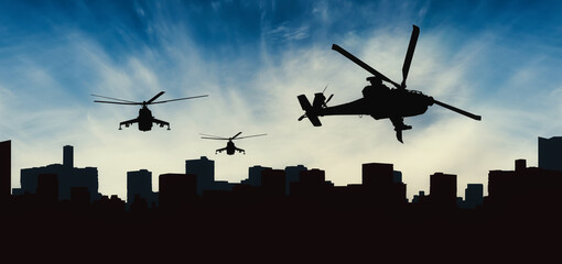 Fototapeta na wymiar Helicopter silhouettes flying over the city on sunset background