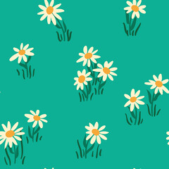 Simple seamless pattern with daisies. Lovely white flowers on a blue background. Spring floral print with small hand drawn flowers. Vector illustration.