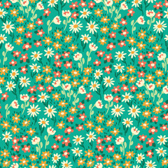 Seamless pattern with liberty flowering meadow. Romantic floral print with small flowers, leaves. Artistic botanical background with a field of hand drawn plants. Vector illustration.