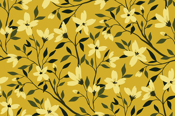 Vintage botanical print with floral branches, leaves. Seamless floral pattern with hand drawn plants, flowers, leaves on the branches. Old fashioned botanical background. Vector illustration.