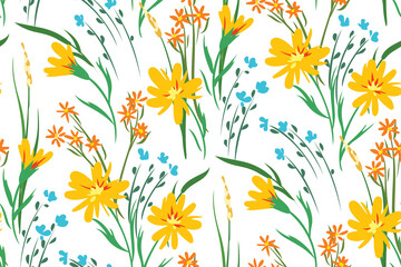 Fototapeta na wymiar Seamless pattern with a rustic field on a white background. Spring, summer floral print with hand drawn dandelion flowers, various leaves and herbs. Vector botanical illustration.