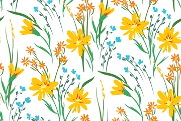 Foto op Canvas Seamless pattern with a rustic field on a white background. Spring, summer floral print with hand drawn dandelion flowers, various leaves and herbs. Vector botanical illustration. © Yulya i Kot