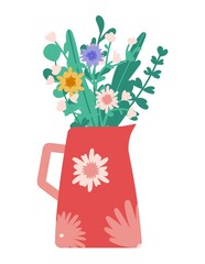 Greeting card for March 8, Mothers Day bouquet of flowers. Womens Day. Hello spring. A jug filled with wildflowers. Beautiful poster, banner, sticker, T-shirt print or other design.