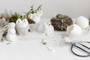 Obraz na płótnie Canvas Easter rustic still life. Easter egg shells with blooming snowdrops, bunny figurines, feathers, nest on aged white wooden table. Simple stylish festive decoration on table. Happy Easter!
