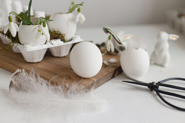 Easter rustic still life. Easter egg shells with blooming snowdrops, bunny figurines, feathers, nest on aged white wooden table. Simple stylish festive decoration on table. Happy Easter!