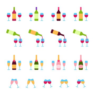 Alcoholic drinks flat line icons on white background. Wine champagne bottle glasses elements collection design. Pour wine signs. Wineglass cheers symbols. Alcohol strong beverages vector illustration.