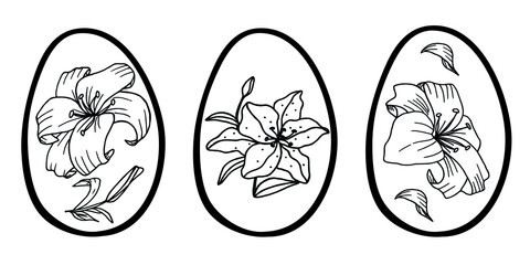 Easter eggs with flowers. Hand drawn vector isolsted set in doodle style for greeting cards, coloring pagers, posters and banners. 
