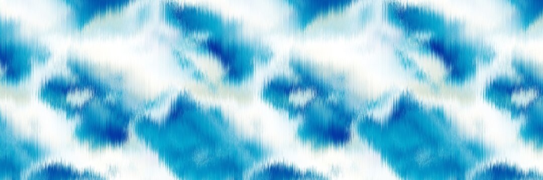 Ocean blue mottled border strip linen texture background. Summer coastal living style wavy water fabric effect. Azure blu wash bleed edge material. Decorative textile seamless pattern ribbon trim. 