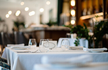 Glasses, flower fork, knife served for dinner in restaurant with cozy interior.