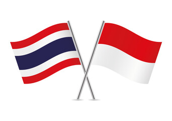 Thailand and Indonesia crossed flags. Thai and Indonesian flags, isolated on white background. Vector icon set. Vector illustration.