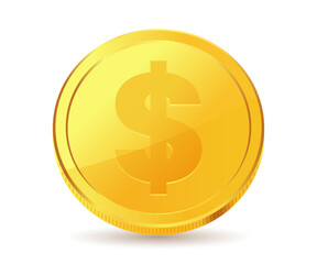 Gold coin with dollar currency sign, symbol.