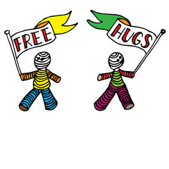 Fototapeta na wymiar Printable phrase. Free hugs. Hand drawn vector illustration. Cute, funny cartoon characters holding free hugs signs. Motivational phrase lettering design. 
