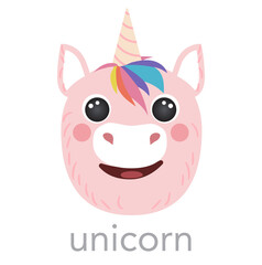 Unicorn pink Cute portrait with name text smile head cartoon round shape animal face, isolated vector icon illustrations. Flat simple avatar hand drawn for kids poster, cards, t-shirts, baby clothes