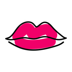 Red lips icon. Simple line mouth icon. Sexy open mouth with red lipstic. Makeup icon.Red lips hand drawn with ink paint brush and black pen outline, isolated on white background. Vector illustration


