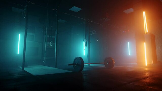 empty gymnastic hall with sporty equipment for weightlifting and athletics, darkness with lights