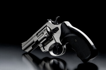 Silver gun revolver on a dark back. Pistol. Weapons for self-defense and sports.